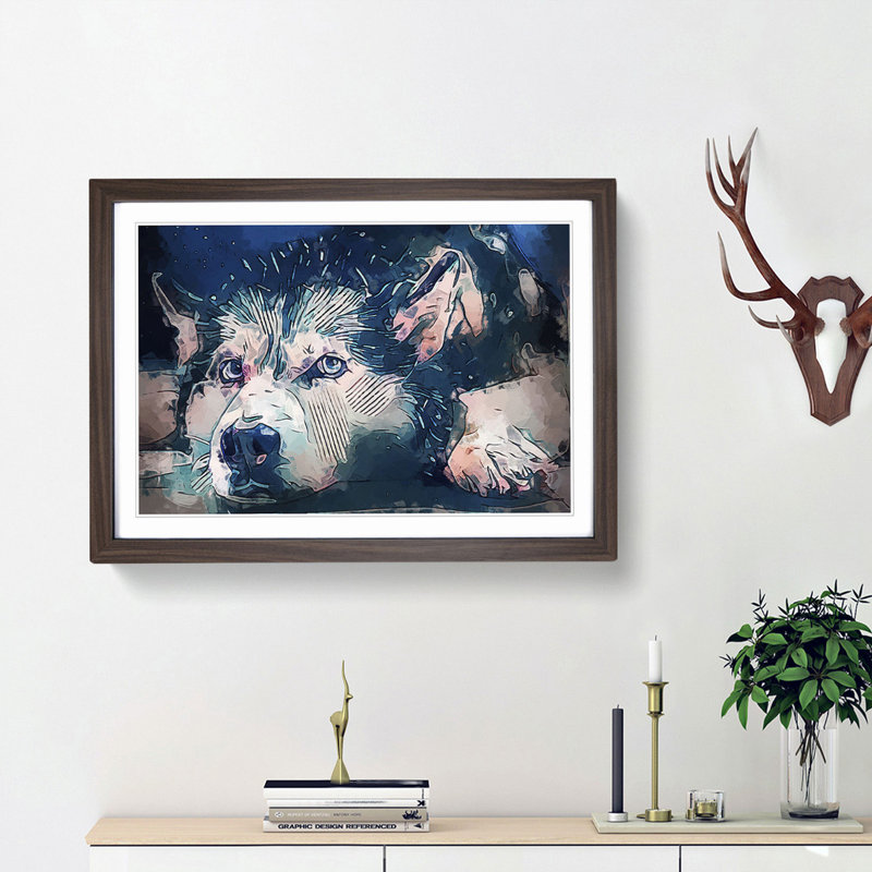 A Husky Dog in Abstract - Picture Frame Painting Print, 62cm H x 87cm W x 2cm D, Walnut Framed