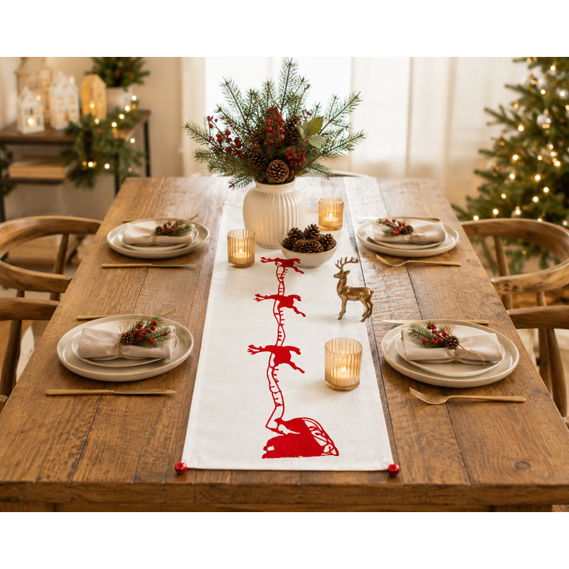 Sleigh with Bells and Reindeer Crewel Embroidery Table Runner, 36" L x 16" W