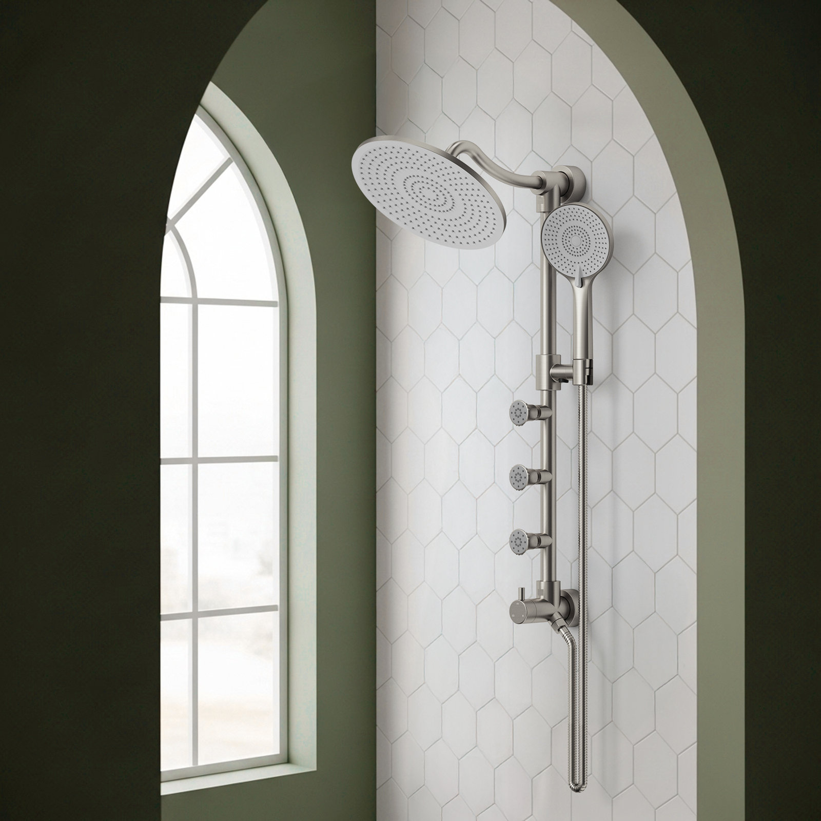 10" Rainfall Shower System with Body Jets, Brushed Nickel