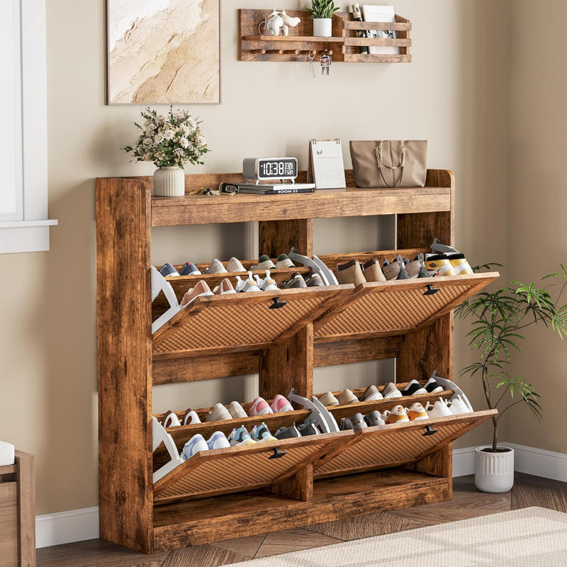 Armoire à chaussures avec 4 tiroirs rabattables, armoire à chaussures en bois avec portes en rotin et tablettes réglables