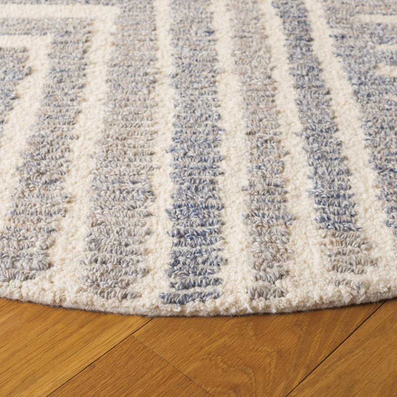 Nedin Hand Tufted Pet Yarn/Wool/Cotton Striped Rug in Blue/Ivory, Round 6'