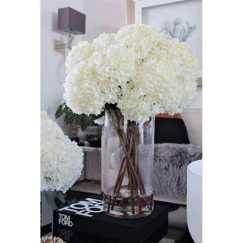 White Hydrangeas In Clear Glass Cylinder Vase, White, 27" H x 18" W x 18" D