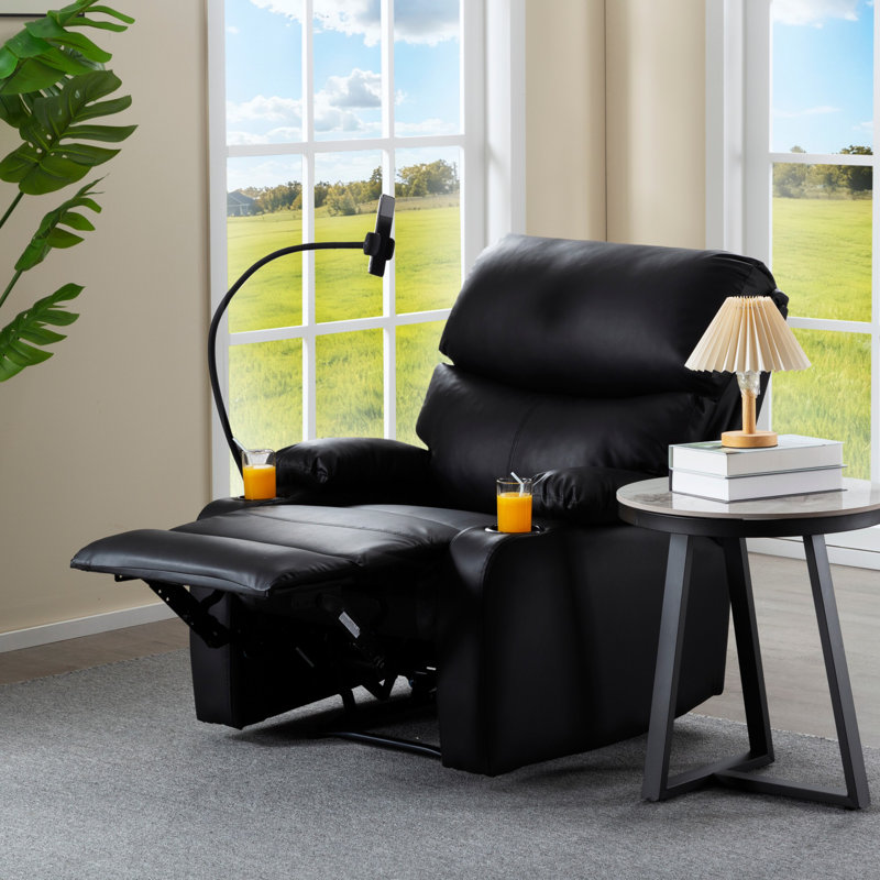 Lanmei Black Pu Manual Recliner - Solid Wood & Metal Frame, Foam Cushion With Phone/cup Holders For Home Office