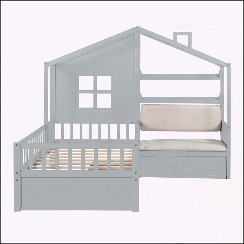 Lit plateforme charmant pour enfants avec canapé et nombreuses options de rangement, gris