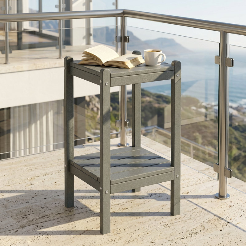 Outdoor HDPE Double-Layer Side Table – Gray Patio End Table With Storage Shelf, All-Weather, Low-Maintenance & Heavy-Duty Outdoor Accent Table