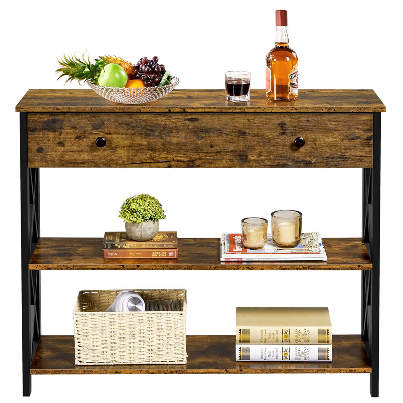 80cm Console Table with 1 Drawer and 2 Open Shelves, Rustic Brown