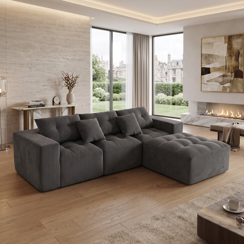 Canapé d'angle modulaire en velours côtelé de 257 cm avec pouf réversible, Noir
