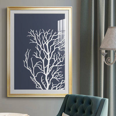 Coraux blanc sur bleu indigo C, reproduction encadrée de qualité supérieure - prête à être accrochée