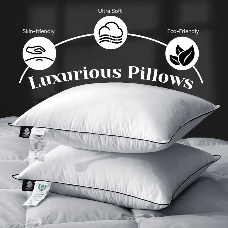 100% Organic Cotton Cover Luxury Hotel Queen Size Plush Feather Down Bed Pillows, Queen