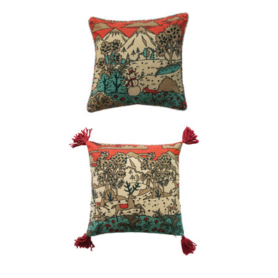 Cotton Velvet Landscape Pillow with Reversible Stripe