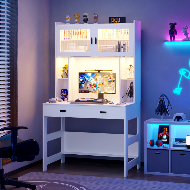 Berwaldt 40" W Rectangle Computer Desk with Hutch and Cabinet, White
