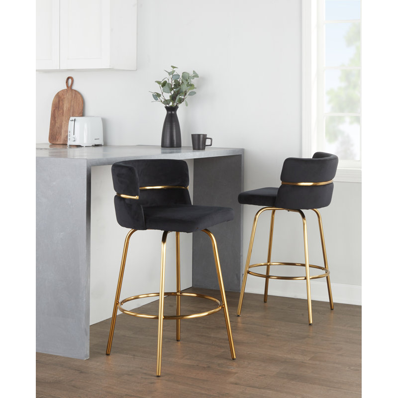  Sone 26" Velvet Fixed-Height Counter Stools with Round Footrest, Counter Stool (25.75” Seat Height), Black Velvet/Gold Frame