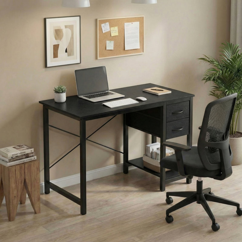 Bureau d'ordinateur moderne 40 "avec 2 tiroirs de rangement et support en X, H 29,57 po x l 39,37 po x P 16,69 po, Bois noir
