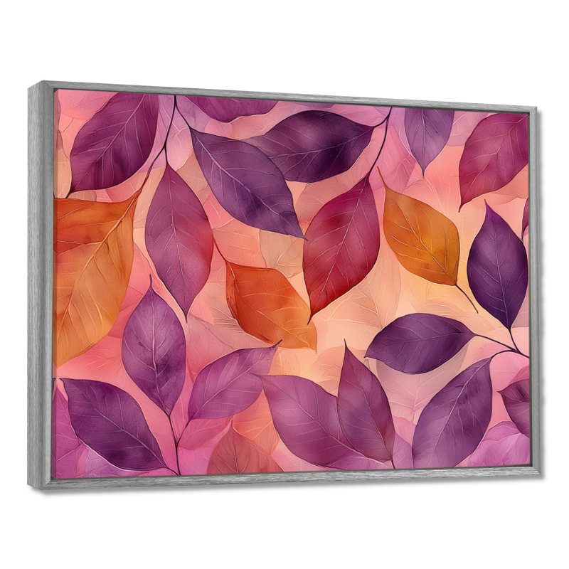 Coucher de soleil sur les feuilles III - feuilles, art mural, H 24 po x l 32 po, Picture Framed, Argent argent