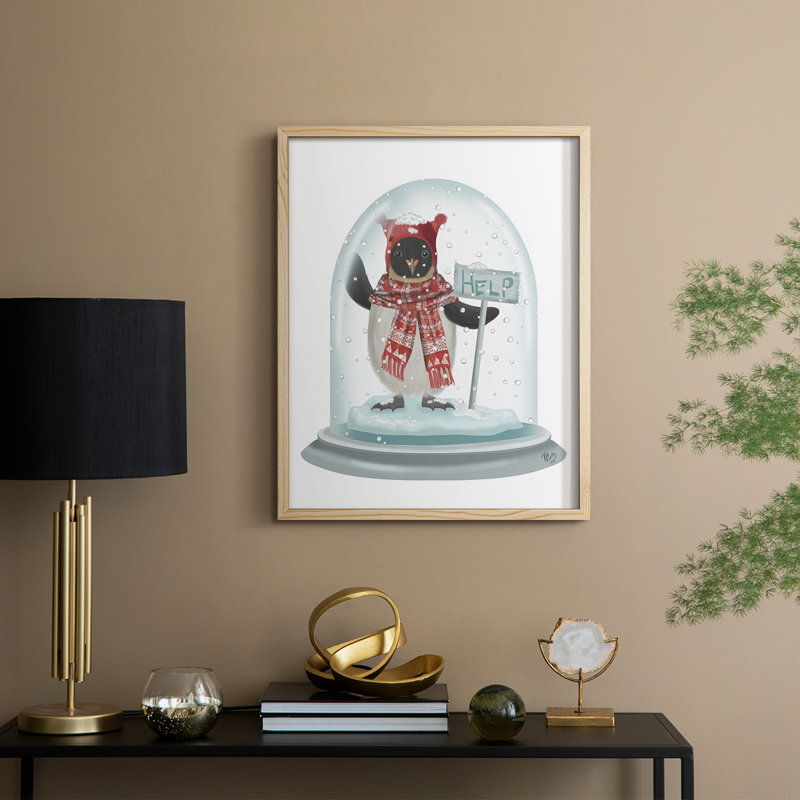 «Christmas Penguin Snow Globe», reproduction encadrée - bois massif, H 21 po x l 17 po, Naturel