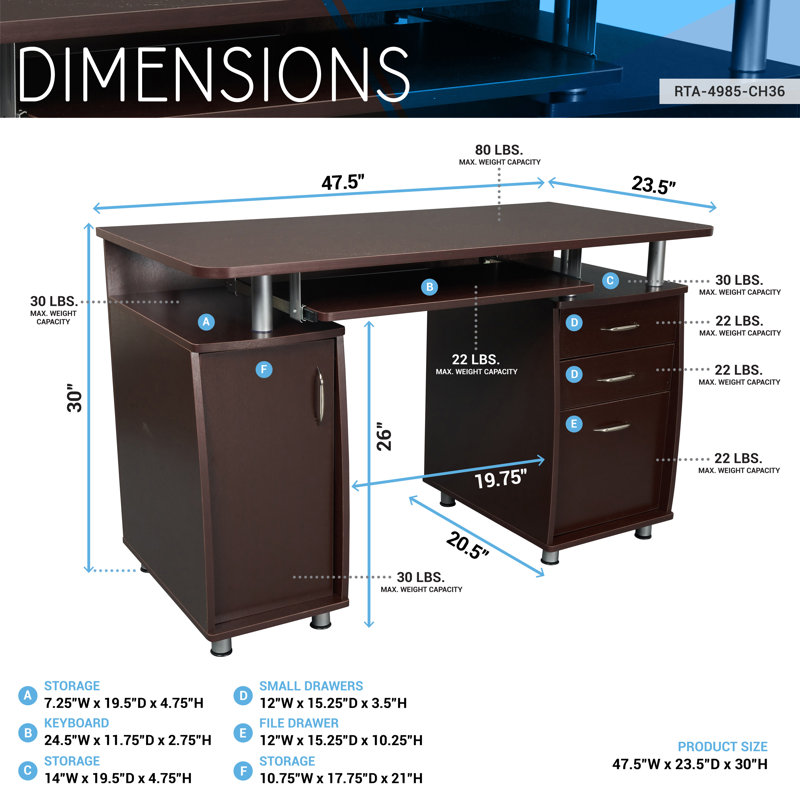 Harris 48'' Floating Computer Desk with Drawers and Storage Cabinet, Chocolate
