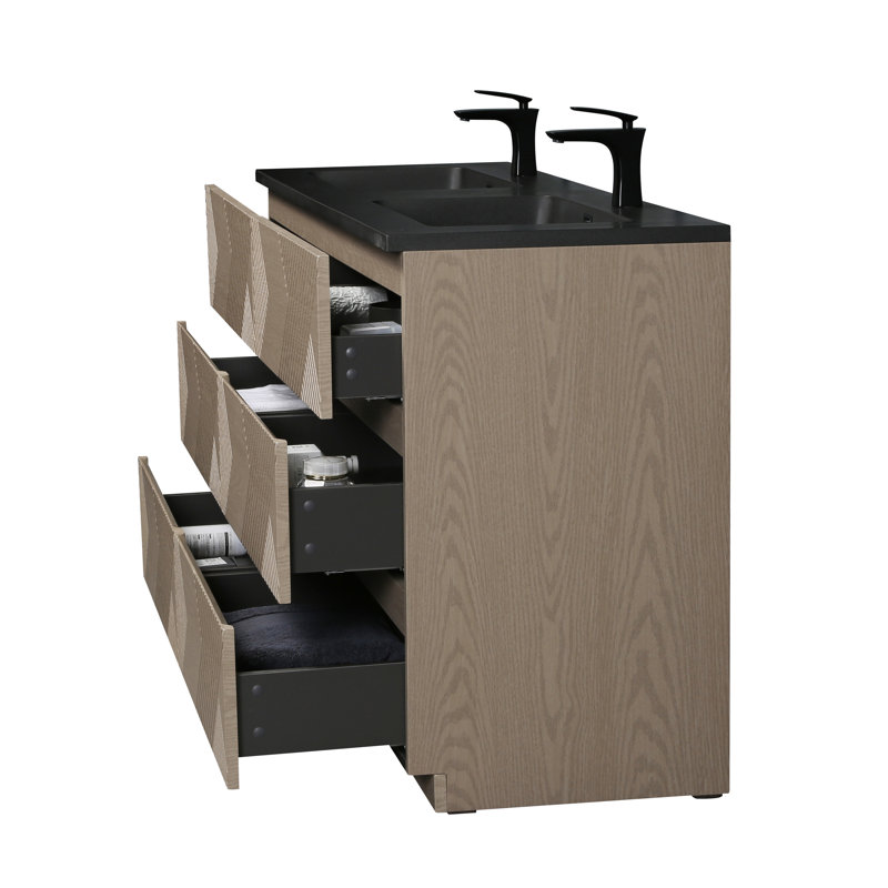Ilic 60 po L x 21 po P 6 tiroirs Meuble-lavabo autoportant avec évier double et Comptoir en Quartz noir d'ingénierie, 59"