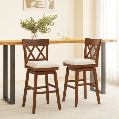 2 Pcs 30" Bar Stool Wooden Chair With Contoured Backrest Swivel Padded Seat For Kitchen