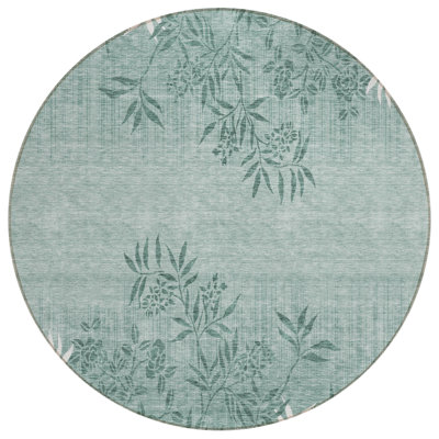 8' Sage Fern Green And Ivory Round Floral Washable Indoor Outdoor Area Rug