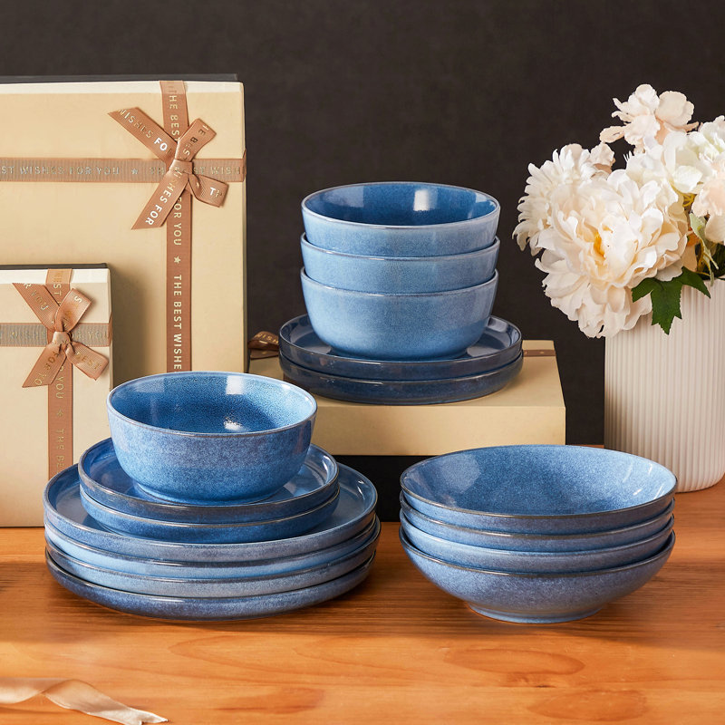 16 Pieces Dinnerware, Pocelain Round Plate, Dinner Plate, Dessert Plate, Soup Bowl And Bowl With Vertical Edge, Serve For 4 Person, Blue