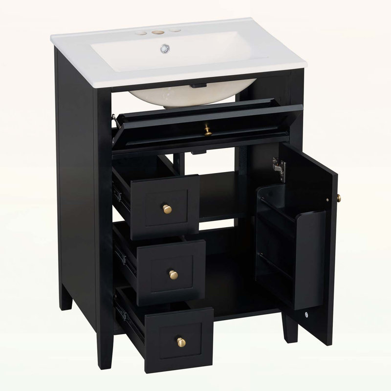 Meuble-lavabo moderne avec lavabo, 3 tiroirs, conception compacte, Black
