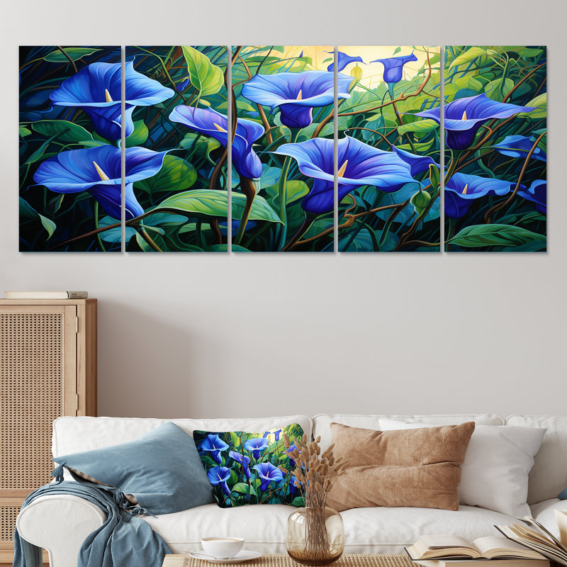 «Purple Morning Glory Blossom Burst I - Morning Glory», art mural sur toile 5 pièces, H 28 po x l 60 po