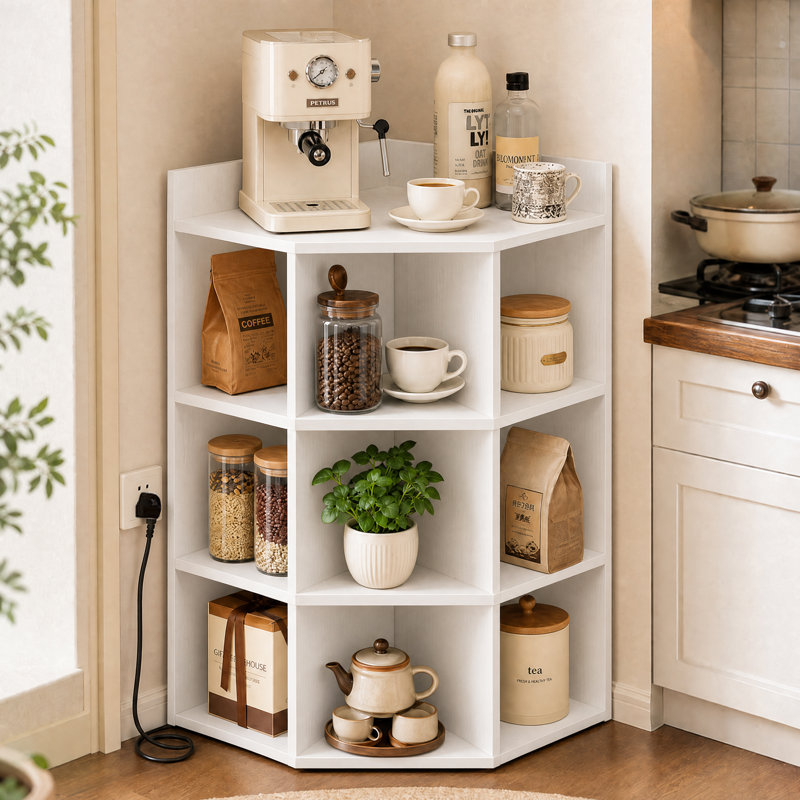 Armoire de rangement d'angle à 3 niveaux avec ports et prises USB, organisateur de rangement de coin pour petits espaces, rétro