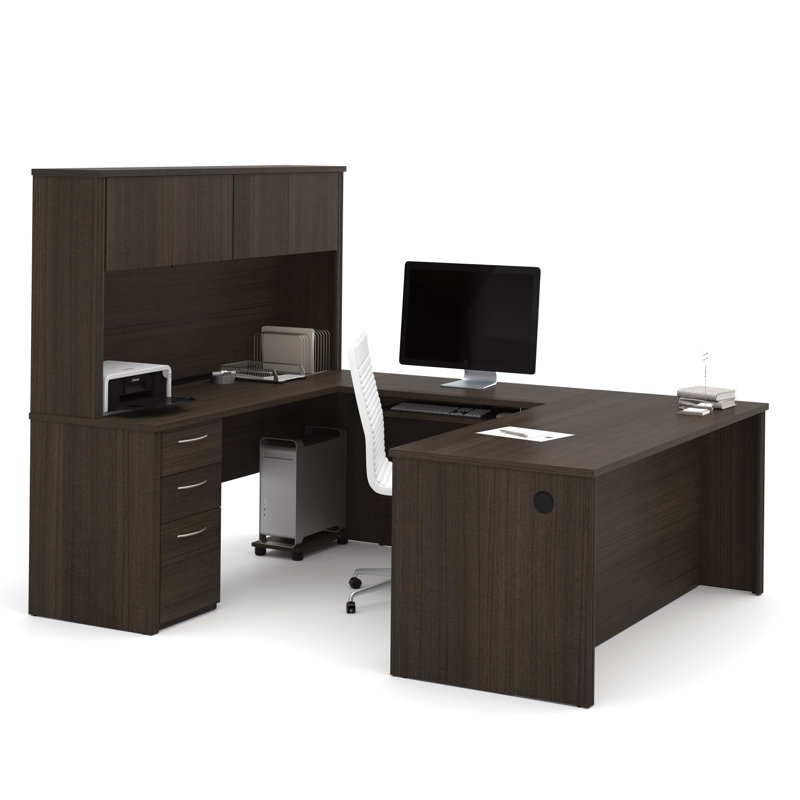 Bureau en U avec huche réversible Opérle, Chocolat noir