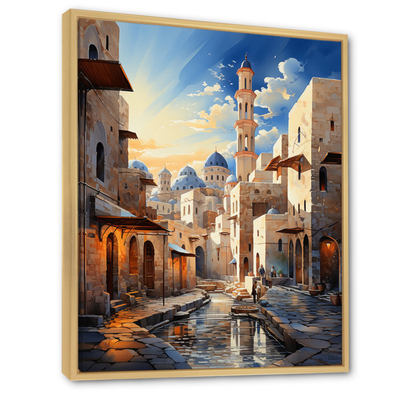 Lyonnie, l'islam, minaret hauteurs sur toile, H 20 po x l 12 po x P 1 po, Cadre naturel flottant