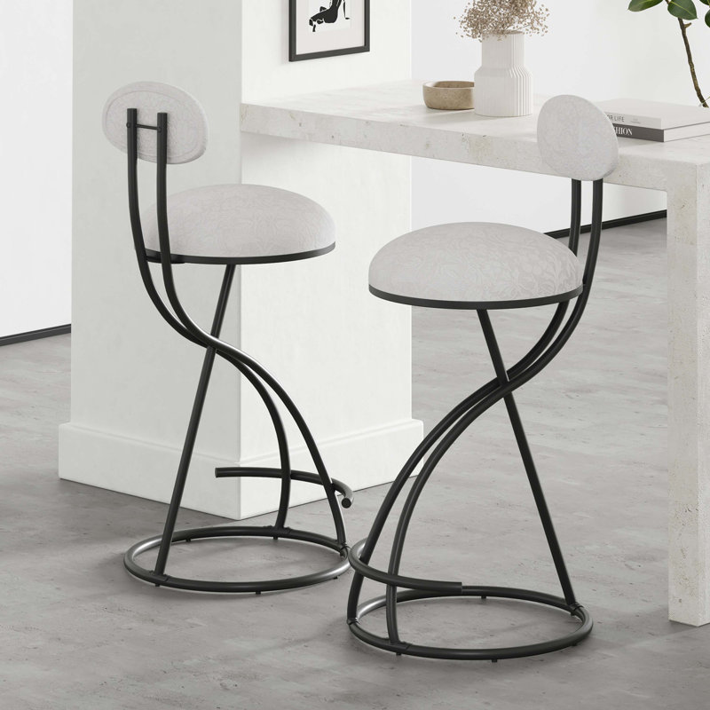 Bar Stools Set of 2 S-shaped Barstools with Backrest Floral Print Upholstered Dining Chairs Counter Height Stool for Kitchen Island (White Print)