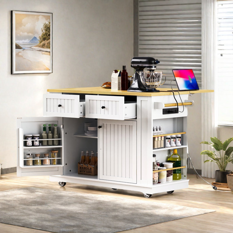 Grand îlot de cuisine roulant avec abattant, prise de courant, supports de rangement internes, 5 supports latéraux ouverts, 2 tiroirs, une tablette réglable