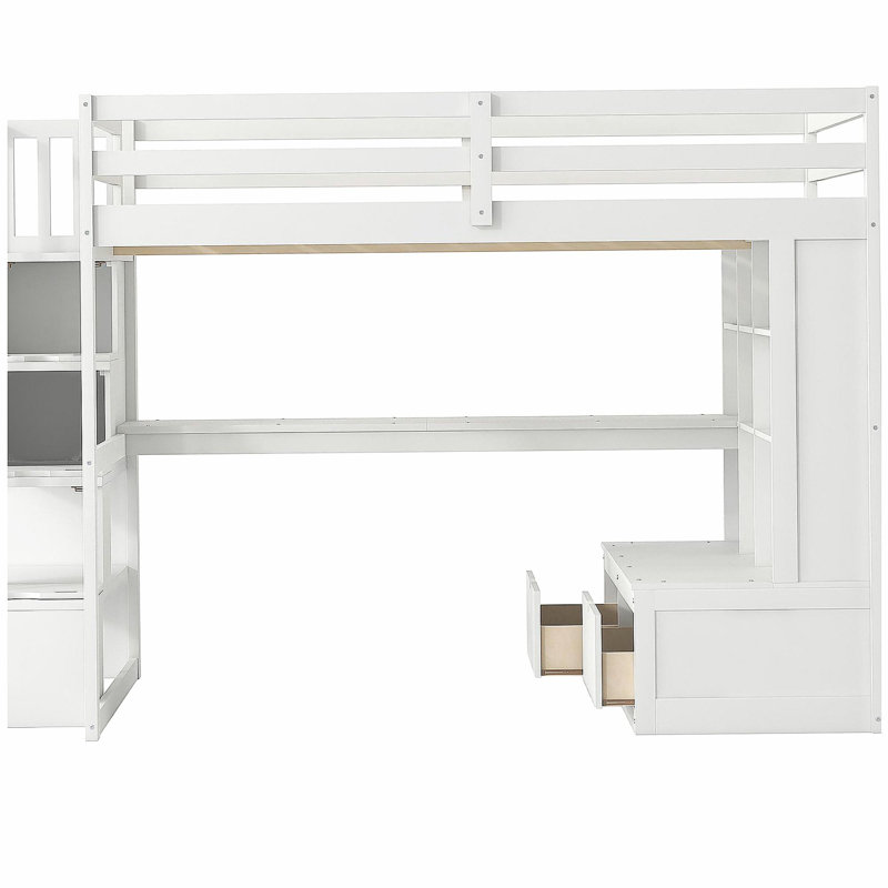 Lit mezzanine double avec bureau et tablettes, deux tiroirs intégrés et escalier de rangement, Blanc