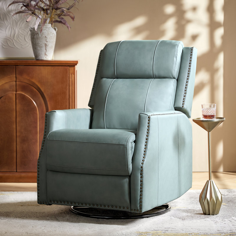 Elimelec Genuine Leather Manual Swivel Recliner, Sage