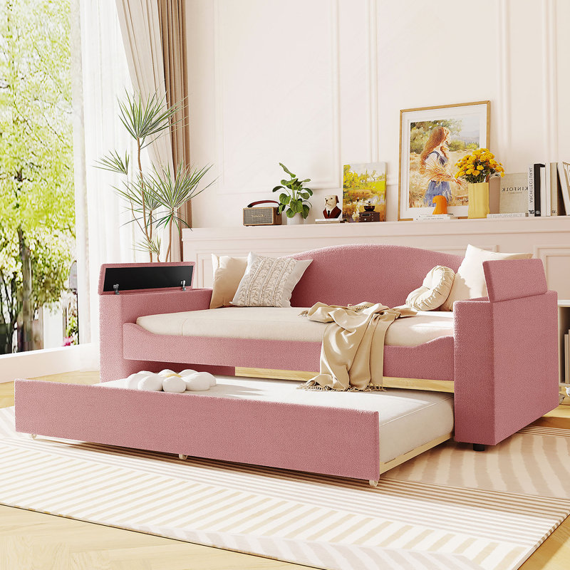 Lit de jour rembourré avec accoudoirs de rangement, lit gigogne et dernier système audio Bluetooth intégré, Simple, Rose