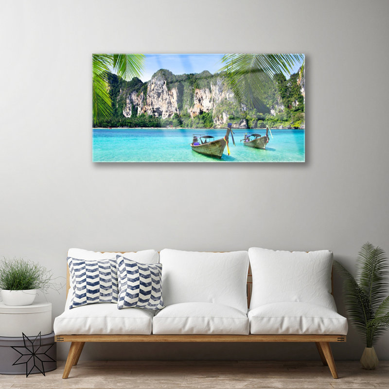 Landscape Boats Sea - Unframed Photograph on Glass