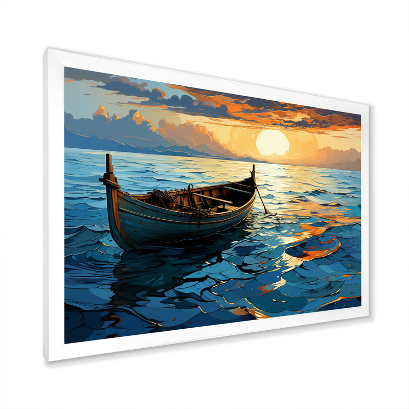 Coucher de soleil sur un bateau en mer - Bateau côtier, art mural, Cadre de coin blanc fermé, H 16 po x l 32 po x P 1 po