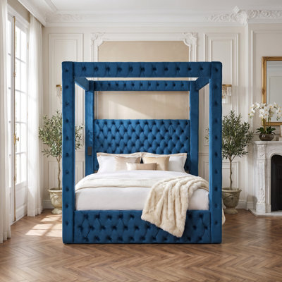 Structure de lit à baldaquin en velours pour très grand lit Cocoon, lit plateforme tapissier avec tête de lit capitonnée, haut-parleur Bluetooth intégré, ports USB-A et USB-C, support robuste 1300LBS