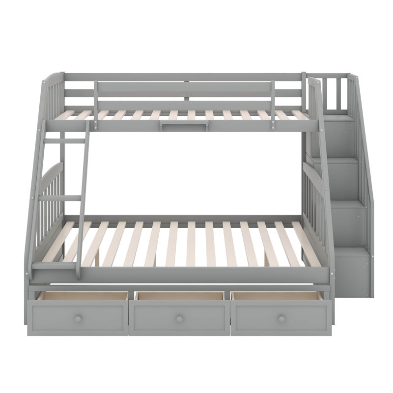 Lit simple superposé au dessus d'un lit double avec tiroirs et escalier de rangement, Gris