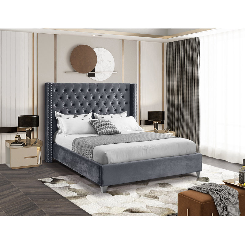 Joclynn Upholstered Wingback Bed, Full, Grey Velvet, Chrome