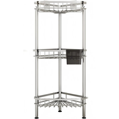 Étagère d'angle pour douche, 3 niveaux, en acier inoxydable, avec porte-savon, 4 crochets et porte-brosse, couleur argent.