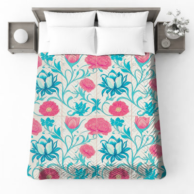 Couvre-lit matelassé à motif floral rose et bleu toutes tailles