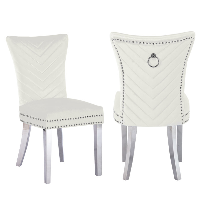 Escalera 20'' H Velvet Upholstered Dining Chair, Beige, Silver