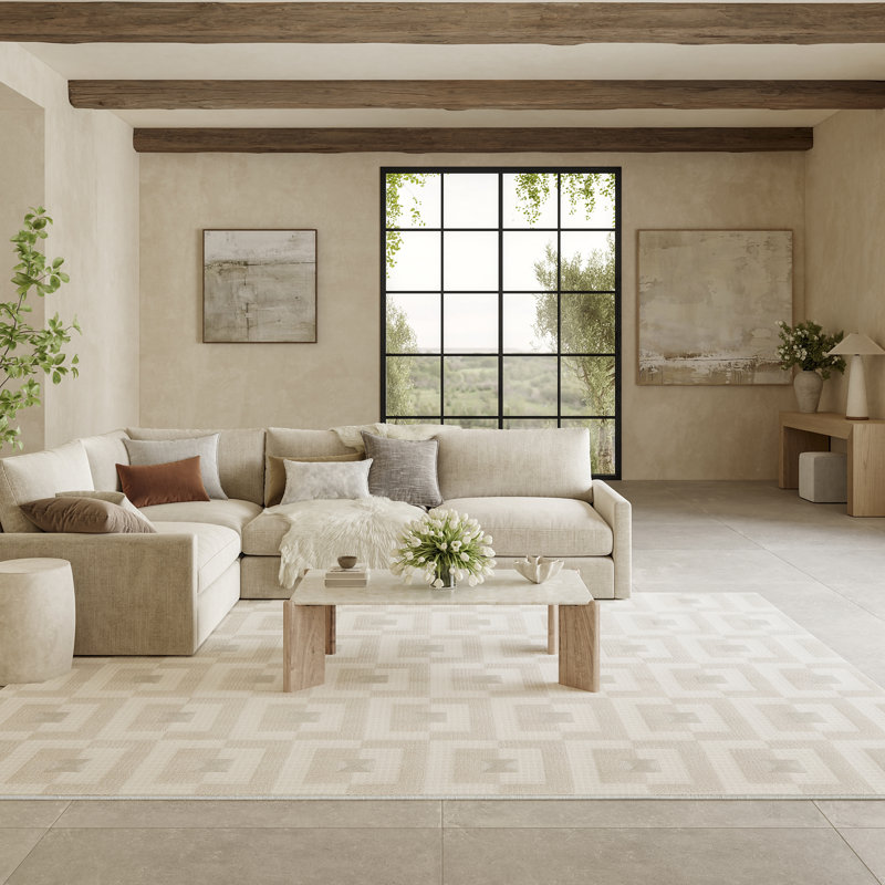 Ebern Designs Reimann Ivory Beige Modern Indoor Rug, Rectangle 8' x 10'