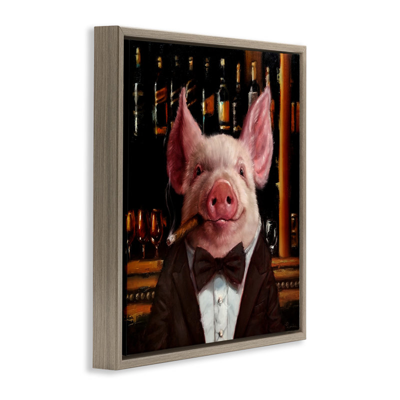 «Classy Pig at Cigar Bar», art mural encadré par Lucia Heffernan, H 18 po x l 18 po, Cadre flottant orme Montalcino