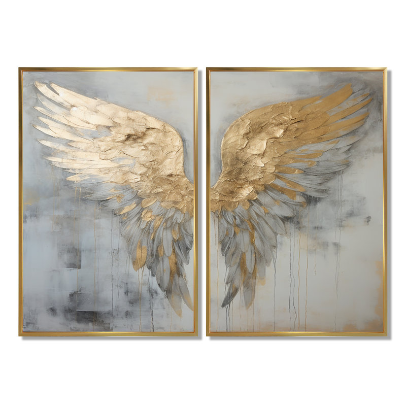Dicha - Fantasy Wings Angel, art mural, 36" H x 48" W, Impression encadrée flottante, Gold