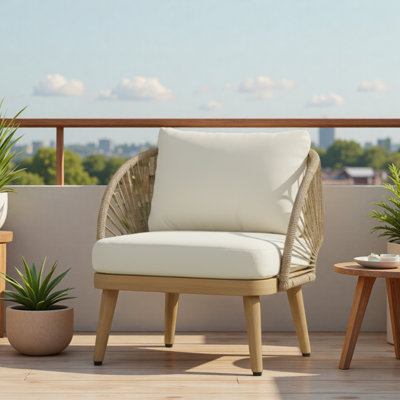 Fauteuil club d'extérieur, chaise de patio courbée avec accents en corde tissée à la main et coussin résistant aux intempéries