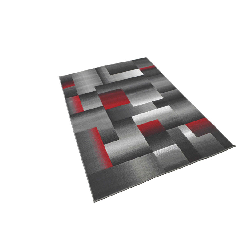 HR-Lave / Gris / Argent / Noir / Tapis abstrait à motif géométrique contemporain à motif de cubes et de carrés (2 pi x 7 pi)