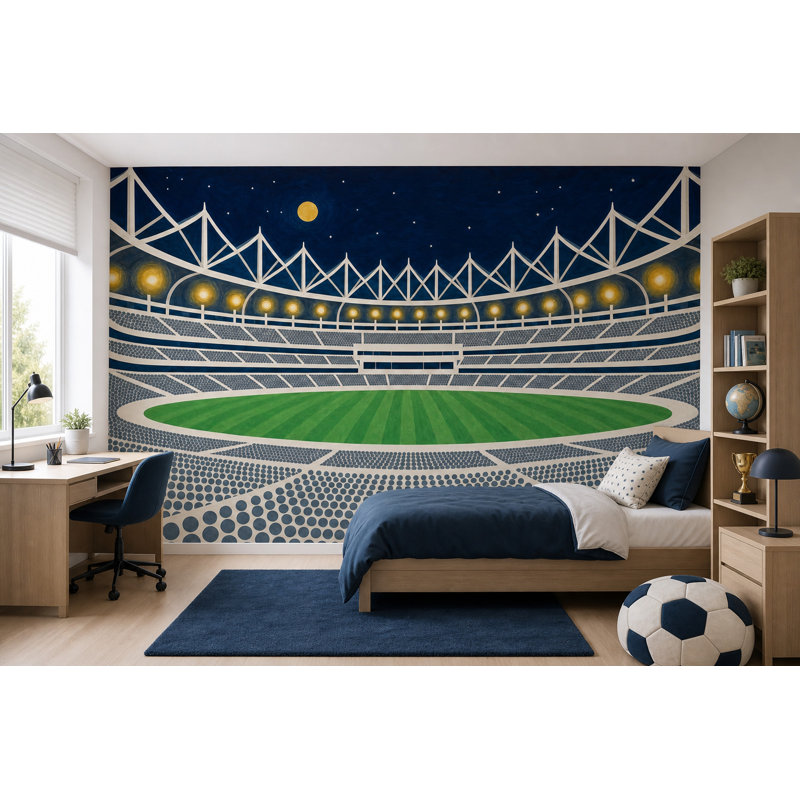 Papier peint mural Dark Night Stadium, arène sportive, ciel bleu marine, 100"x96", Non-Woven Nonpasted