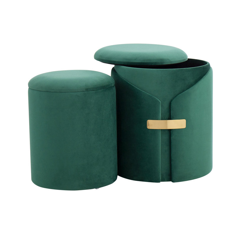 Green Velvet Nesting Ottoman Set With Gold Metal Accents | Gift Idea, Green