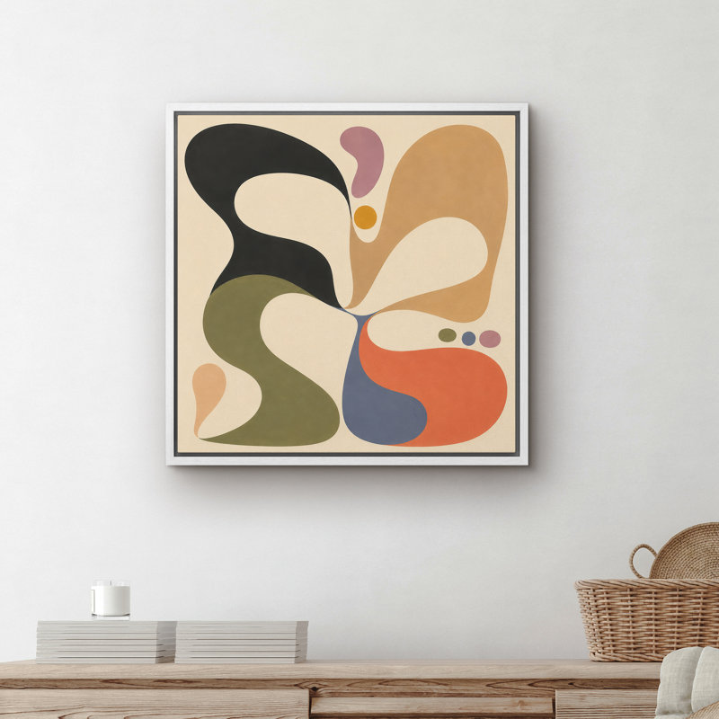 «Retro Olive Orange Black Organic Shapes Abstract Wall Art Decor», reproduction d'art encadrée, H 24 po x l 24 po, Blanc